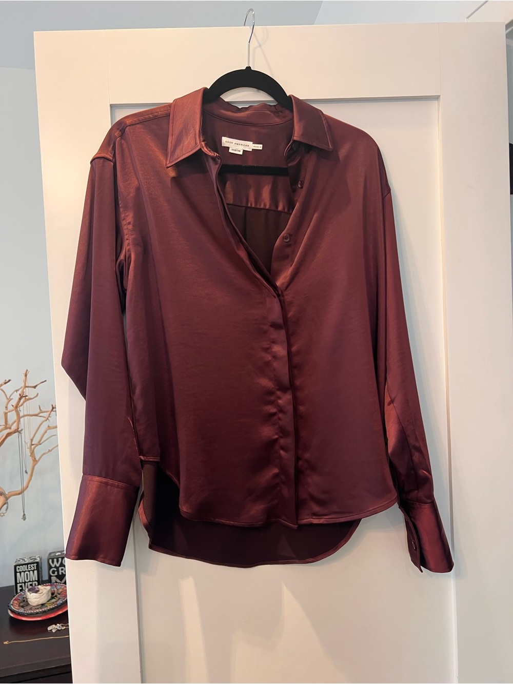 Good American Satin Button-Down Shirt in Burgundy